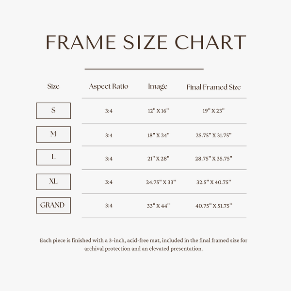 Frame size chart with dimensions for different size categories.